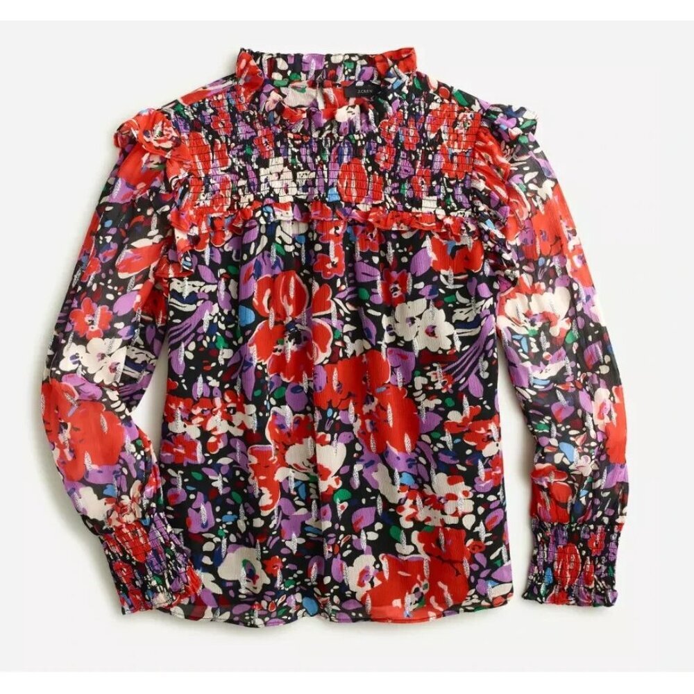 J. Crew Red Black Purple Floral Smocked Long-Sleeve Blouse